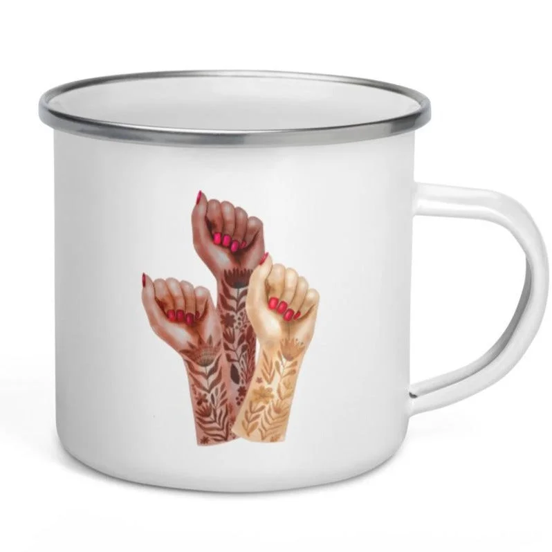 Sports Team T-ShirtsRaised Feminist Watercolor Tattoo Fists -- Enamel Mug