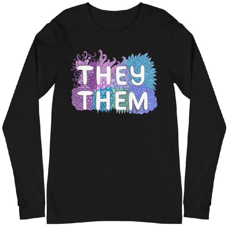 Embroidered T-ShirtsThey/Them Pronouns Pastel Doodles -- Long Sleeve