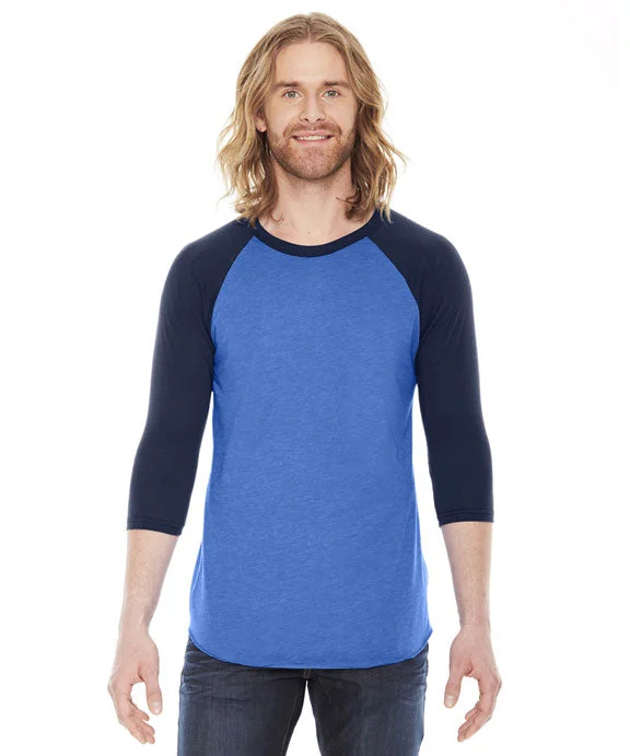 Retro HoodiesBB453W - American Apparel Unisex Poly-Cotton 3/4 Sleeve Raglan T-Shirt | Heather Lake Blue/Navy