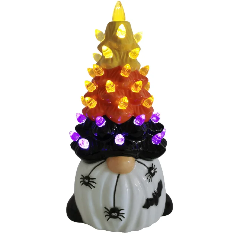 Halloween Gnome with Light Up Tree Hat and Spiders on Mustache Figurine 12.75"