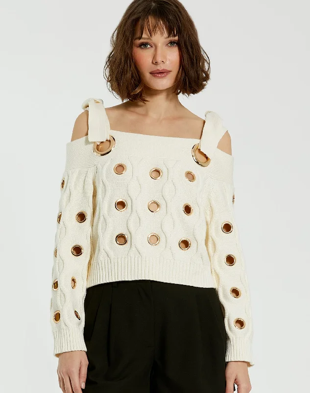 CroptophoodieIvory Chunky Knit Off The Shoulder Grommet Cropped Sweater