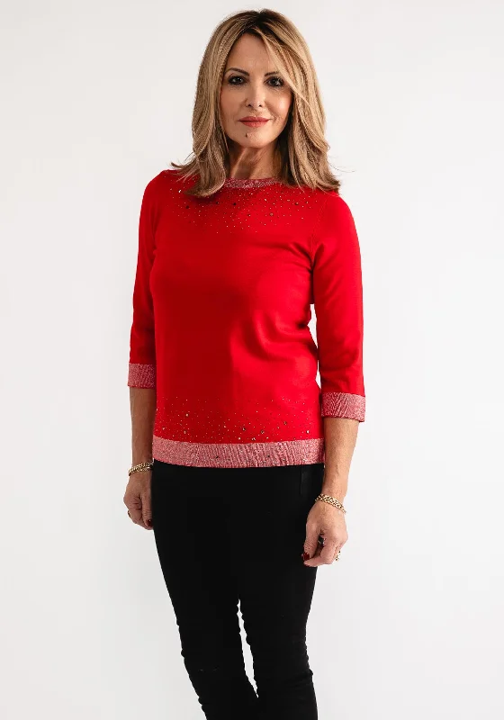 CroptopdetailAnonymous Rhinestone Cropped Sleeve Sweater, Red