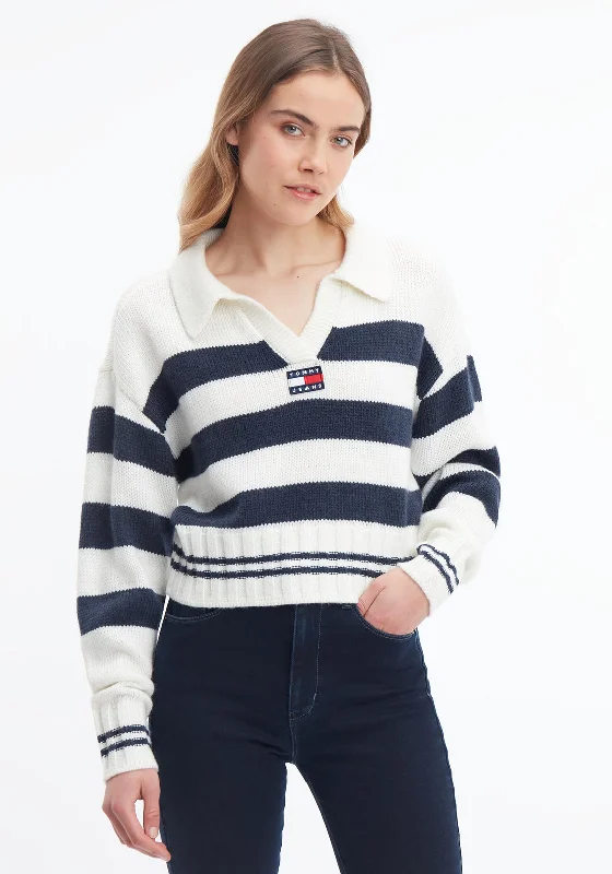 CroptopuniqueTommy Jeans Boxy Crop Stripe Polo Jumper, Twilight Navy