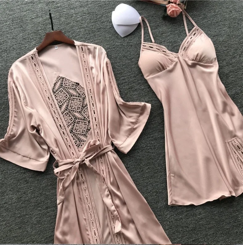 Women Satin Lace Sleepwear 2 Pcs Nightgown Sexy Robe Set Bridesmaid Intimate