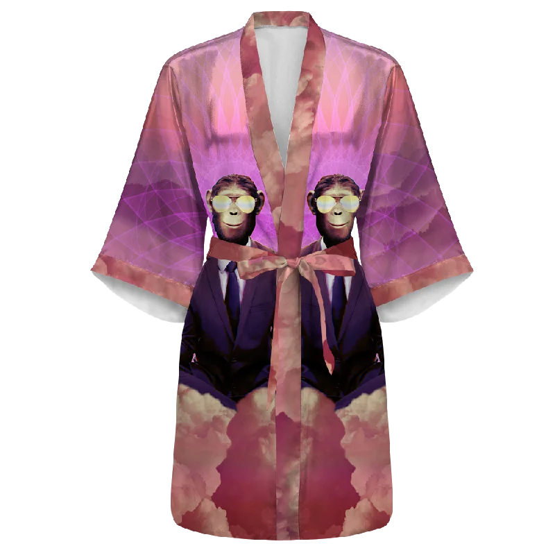 Meditating Ape All Over Print Women's Satin Kimono Robe