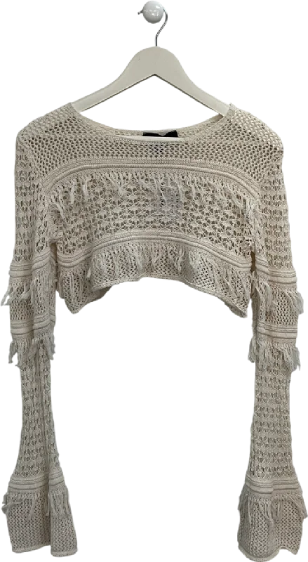 CroptopcolorEgo Cream Flared Long Sleeve Crochet Crop Top UK M