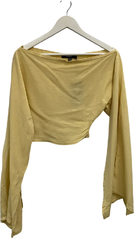 CroptoptextureEgo Yellow Long Sleeve Off The Soulder Crop Top In Lemon Linen UK 8