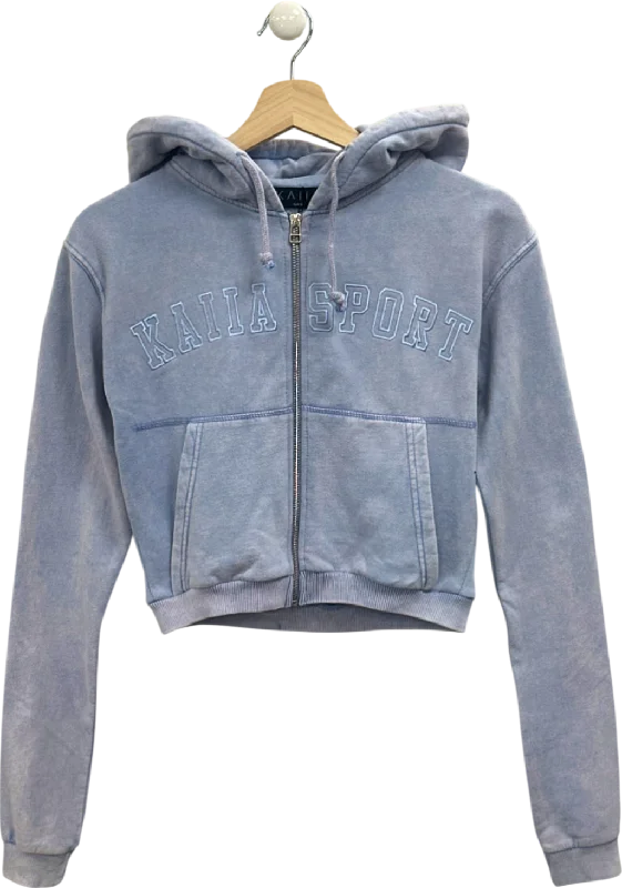 CroptopaumentedKaiia Washed Blue Applique Logo Zip Through Crop Hoodie UK 8