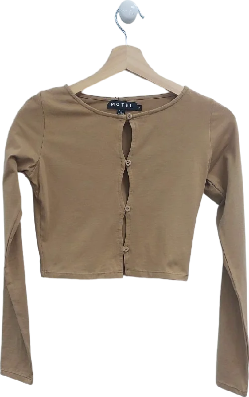 CroptopqualityMotel Beige Long Sleeve Button Crop Top UK M