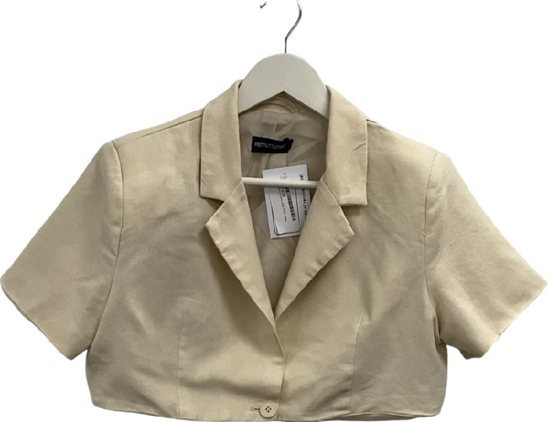 CroptopdataPrettyLittleThing Beige Linen Look Short Sleeve Cropped Blazer UK 10