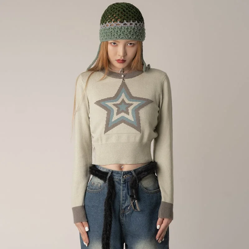 CroptopseamRTK (W) No. 1288 KNITTED STAR SLIM SWEATER CROP TOP