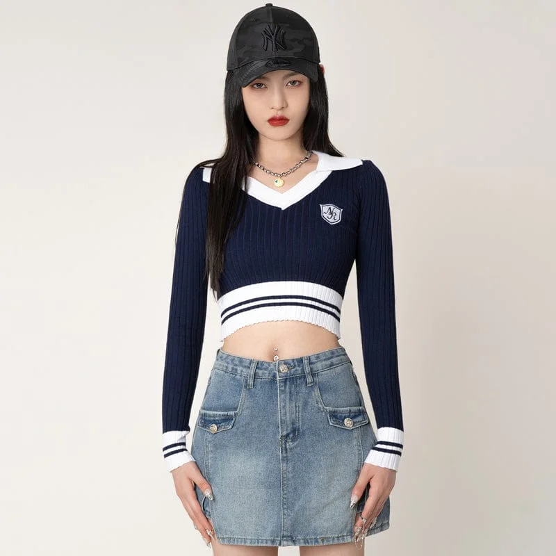 CroptoplinenRTK (W) No. 1301 KNITTED EMBROIDERED V-NECK SWEATER CROP TOP